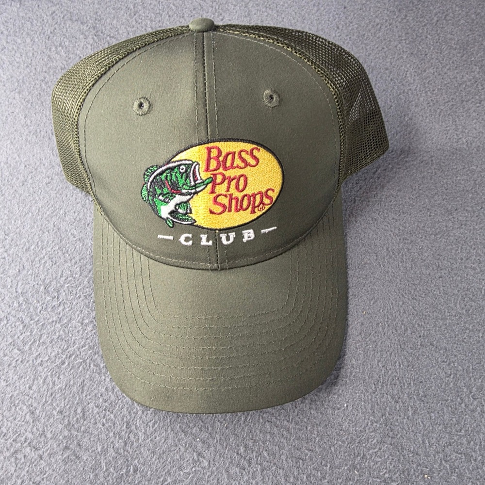 Bass Pro Shops Club Trucker Hat Olive Green Mesh Snapback Fishing Cap
